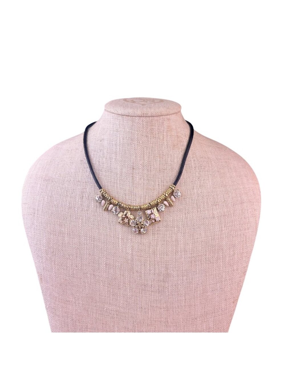 Pilgrim Womens Black Leather Necklace With Gold Tone & Crystal Charm
